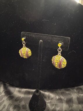 Crystal Yellow Baseball Dangle Earrings